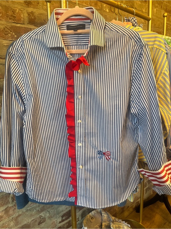 Tommy Hilfiger Tops - Tommy Hilfiger Navy and White Striped Shirt with Red Ruffle and flag embroidery